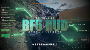 In-game preview of BF6 HUD Stream Widgets by StreamSpell, featuring tactical chat box, animated alerts, goal bar, and event list over a Battlefield-style FPS gameplay scene.