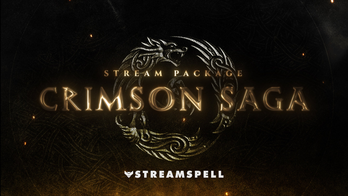 Animated dark fantasy logo with glowing dragon emblem and ember particles representing the Crimson Saga stream overlay package by StreamSpell.