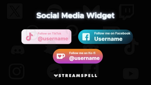 Colorful social media widget preview showing TikTok, Facebook, and Ko-fi username banners with custom backgrounds and gradient styles. Promoting the Social Media Widget by StreamSpell, ideal for Twitch, YouTube, and Kick. Fully compatible with OBS Studio, Streamlabs, and StreamElements.