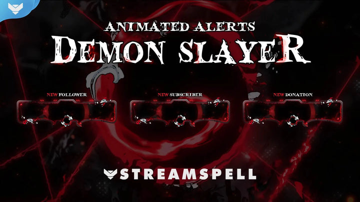 Anime-style stream alerts with red and black design, sharp combat-inspired effects, and dynamic frames, promoting the Demon Slayer animated alerts by StreamSpell for OBS and Streamlabs.