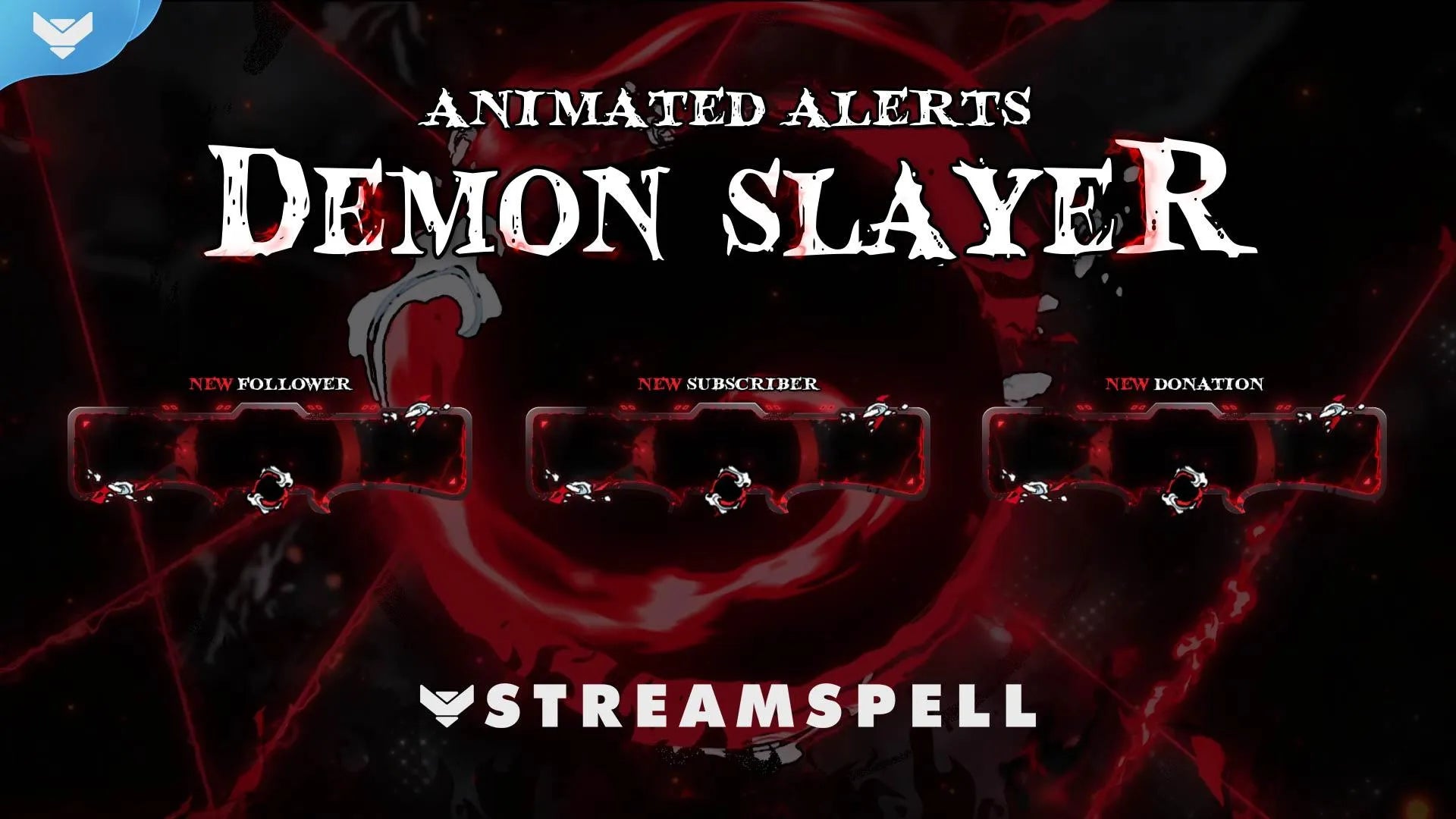 Anime-style stream alerts with red and black design, sharp combat-inspired effects, and dynamic frames, promoting the Demon Slayer animated alerts by StreamSpell for OBS and Streamlabs.