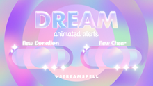 Load image into Gallery viewer, Pastel dreamy Twitch alert design with glowing gradients in pink, purple, and blue. Text reads 'Dream animated alerts' with examples for New Donation and New Cheer, created by StreamSpell. Perfect for Twitch, YouTube, Kick, and Trovo. Fully compatible with OBS Studio, Streamlabs, and StreamElements.
