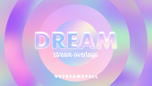 Load image into Gallery viewer, Dreamy pastel stream overlay background with soft gradients of pink, purple, and blue. Text reads 'Dream stream overlays' by StreamSpell. Ideal for cozy and aesthetic Twitch streams. Fully compatible with OBS Studio, Streamlabs, and StreamElements.