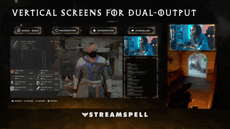 Vertical stream screens for dual-output featuring dark fantasy rune design and cinematic medieval overlays from the Crimson Saga Stream Package for Twitch and OBS.