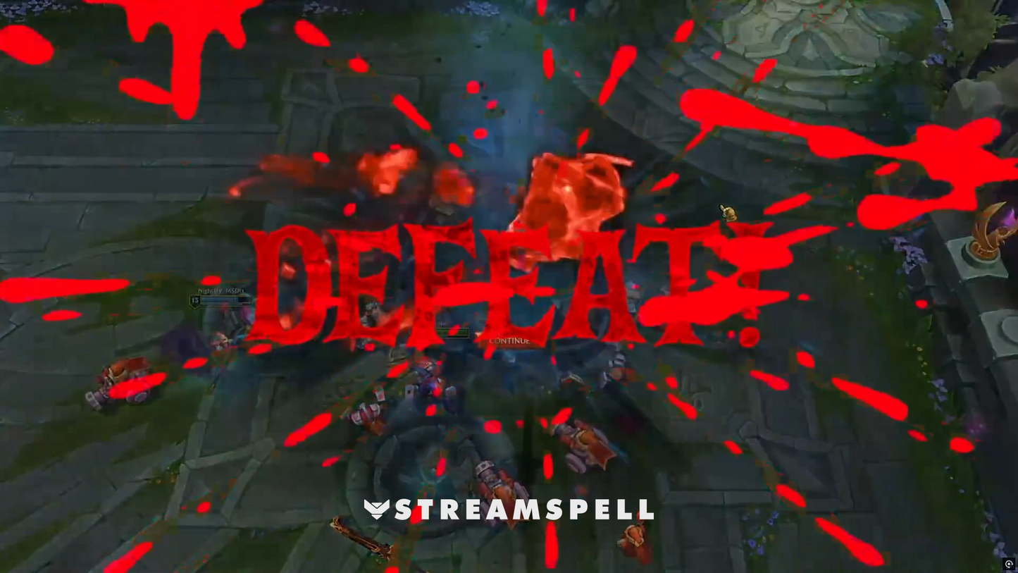 Bloody red “Defeat” text splashing across the screen, part of the Duskwood Reactive Overlays by StreamSpell. Perfect for horror or Halloween-themed streams on Twitch and YouTube. Powered by Streamlabs Reactive Overlay system.