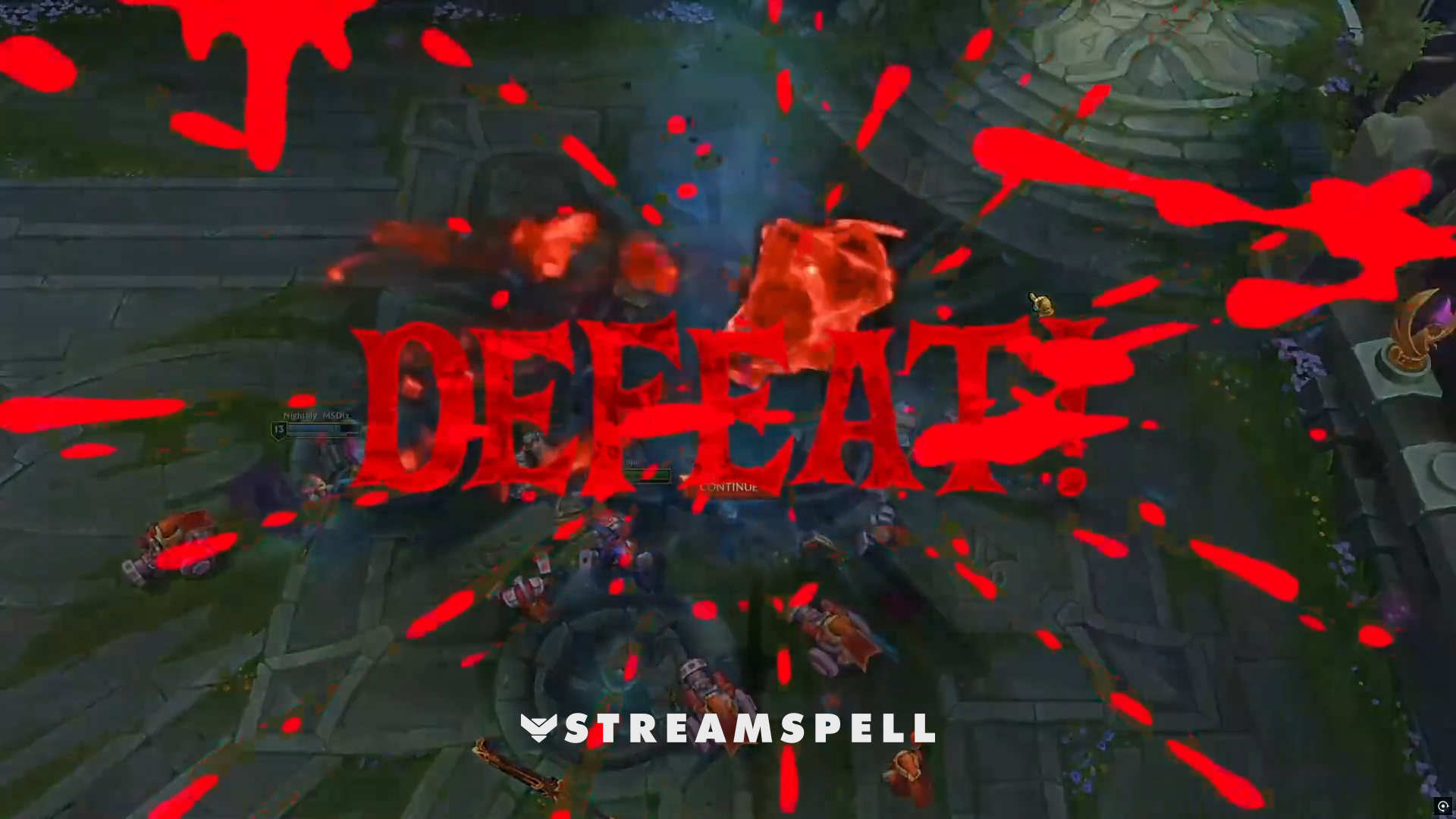Bloody red “Defeat” text splashing across the screen, part of the Duskwood Reactive Overlays by StreamSpell. Perfect for horror or Halloween-themed streams on Twitch and YouTube. Powered by Streamlabs Reactive Overlay system.