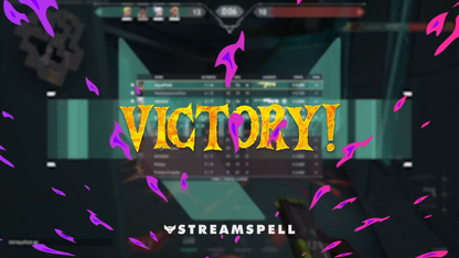 🎃 Glowing golden “Victory” text surrounded by spooky purple flames, part of the Duskwood Reactive Overlays by StreamSpell. Perfect for Halloween Twitch and YouTube streams. Works with Streamlabs Reactive Overlay system.