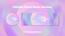 Load image into Gallery viewer, Editable pastel social media headers with dreamy gradients in pink, purple, and blue. Includes a circular profile picture and a wide banner with customizable username and social media icons. Designed by StreamSpell for Twitch, YouTube, and gaming creators.