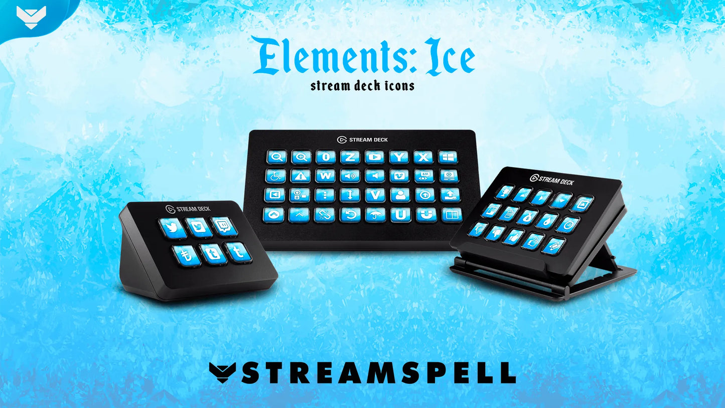 Ice-themed Stream Deck icons with frozen blue effects and frost-inspired gaming aesthetic, displayed on Elgato Stream Deck devices as part of the Elements: Ice icon pack by StreamSpell.
