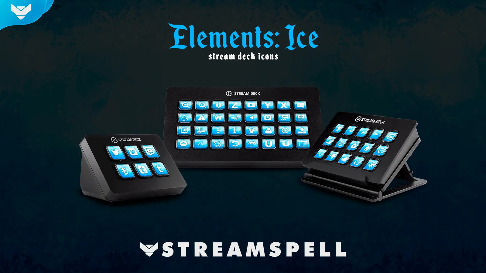 Frozen blue Stream Deck icons with icy fantasy aesthetic designed for Elgato Stream Deck setups by StreamSpell.