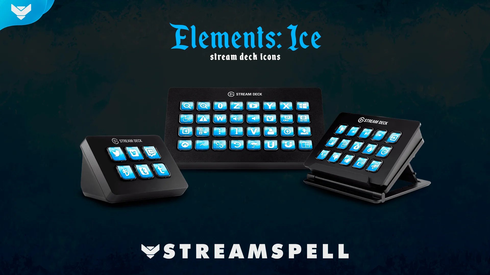 Frozen blue Stream Deck icons with icy fantasy aesthetic designed for Elgato Stream Deck setups by StreamSpell.