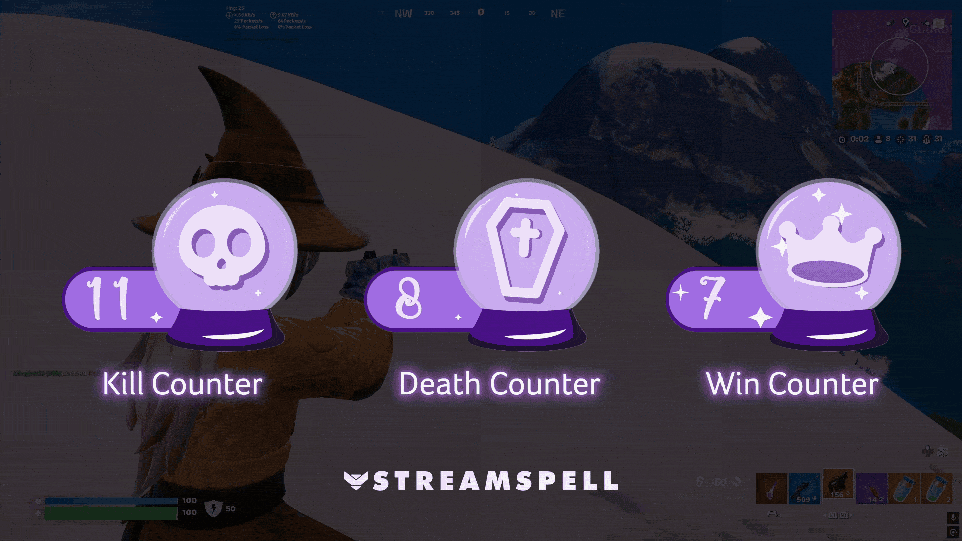 Animated preview of Enchanted Night Reactive Overlays by StreamSpell, featuring magical purple crystal ball counters — Kill Counter, Death Counter, and Win Counter — glowing in a witchcraft Halloween theme during Fortnite gameplay.