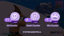 Load image into Gallery viewer, Animated preview of Enchanted Night Reactive Overlays by StreamSpell, featuring magical purple crystal ball counters — Kill Counter, Death Counter, and Win Counter — glowing in a witchcraft Halloween theme during Fortnite gameplay.