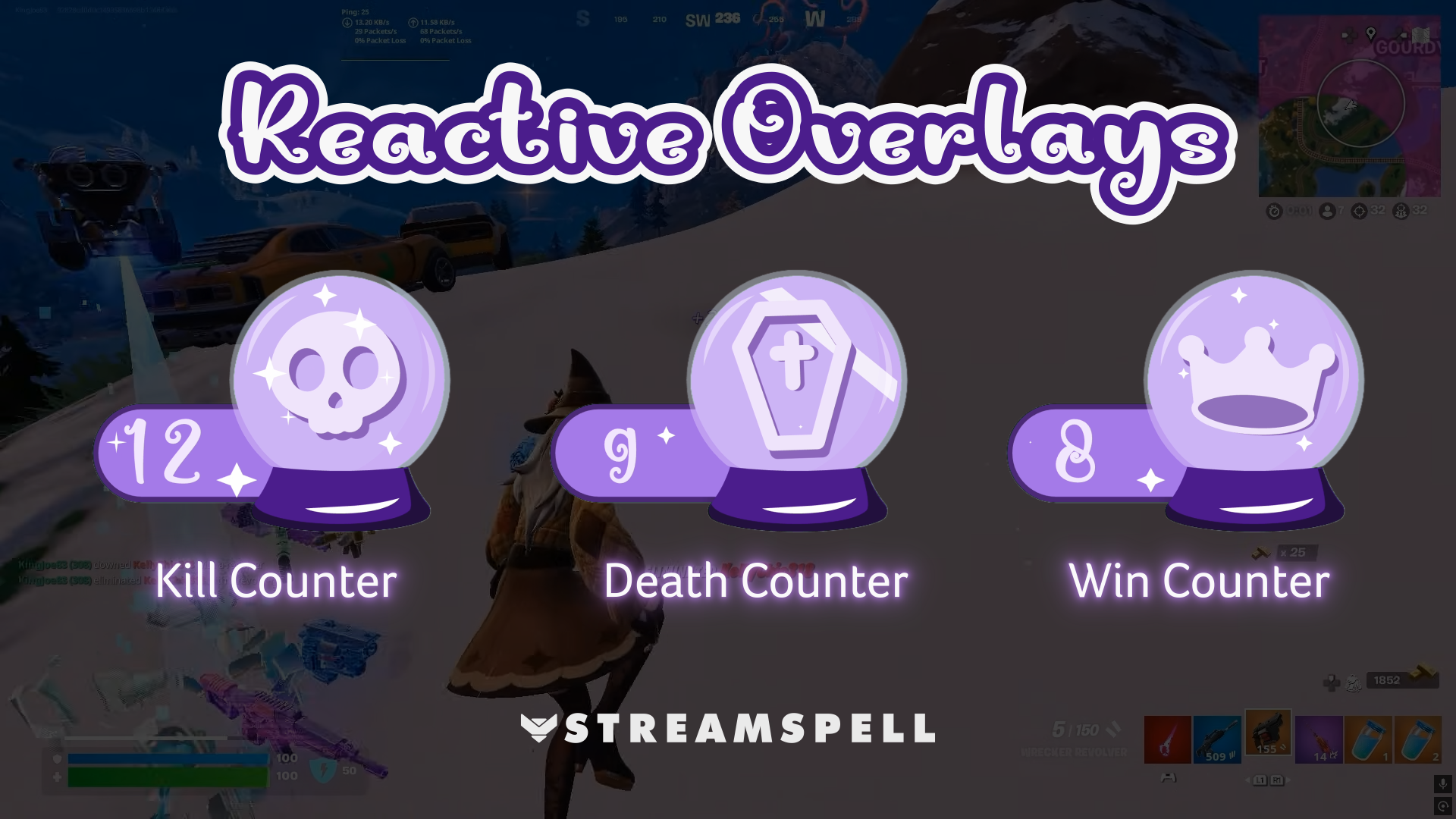 Preview cover of Enchanted Night Reactive Overlays by StreamSpell, showing purple witchcraft-themed crystal ball counters labeled Kill Counter, Death Counter, and Win Counter over Fortnite gameplay.