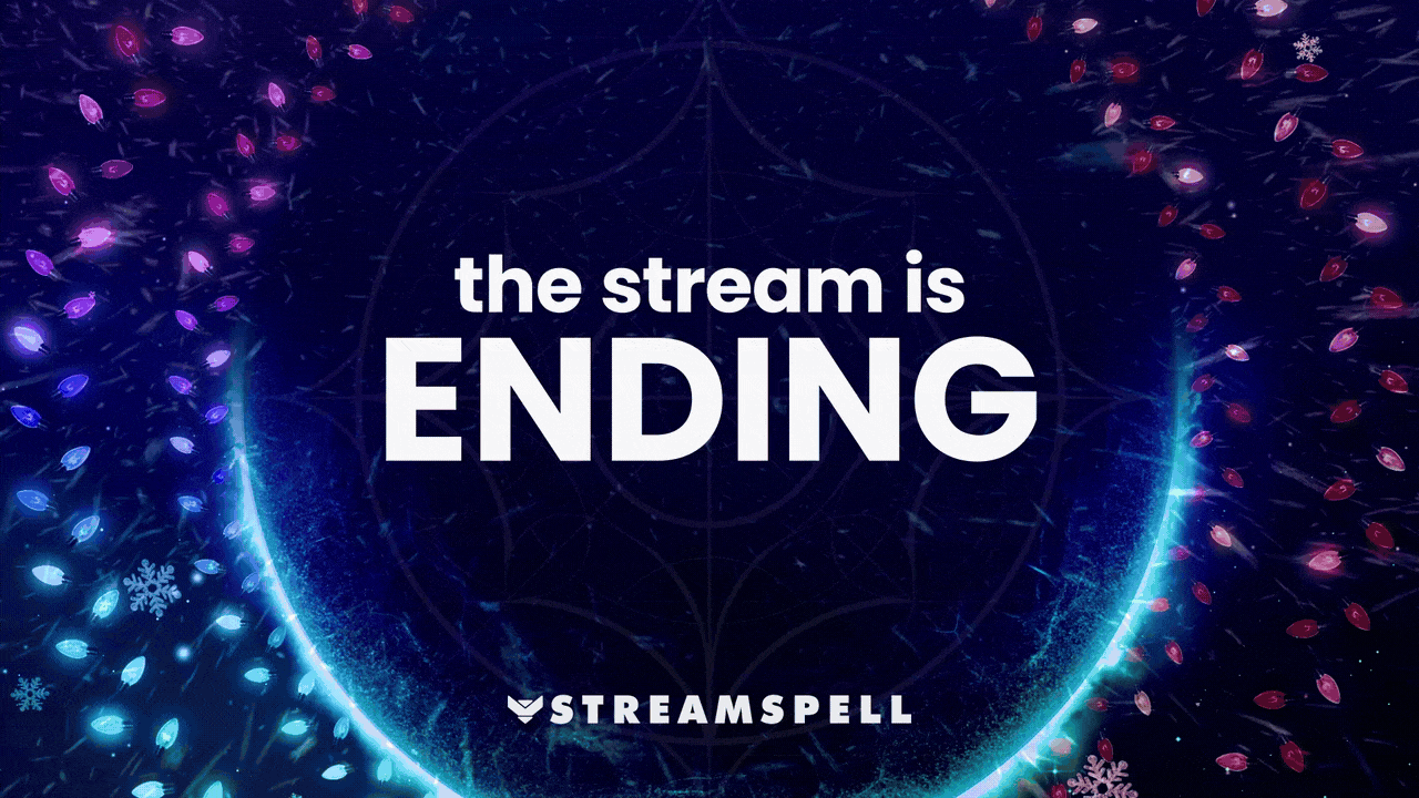 Winter-themed ending screen from the ARC Stream Overlays by StreamSpell, displaying a futuristic arc design with snow effects and Christmas lights. Clean and modern FPS stream overlay inspired by Arc Raiders, ideal for professional Twitch and YouTube streams. Compatible with OBS Studio, Streamlabs Desktop, and StreamElements.