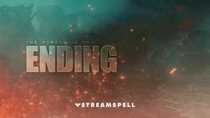 Animated “Ending” screen from the BF6 HUD Stream Package by StreamSpell, featuring battlefield-inspired visuals with embers and destroyed city background.