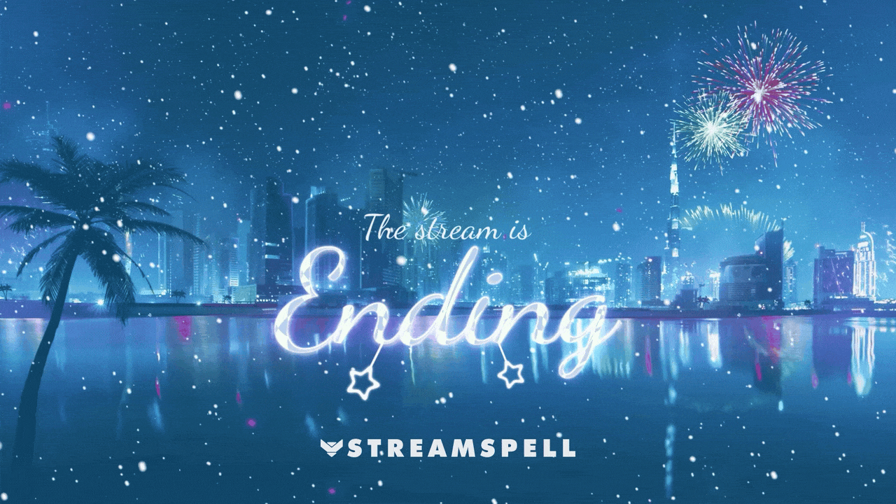 Animated winter city skyline at night with snow falling and vibrant fireworks, showcasing the Winter Fireworks 2026 animated stream screen by StreamSpell for Twitch and YouTube streams. Compatible with OBS Studio and Streamlabs.