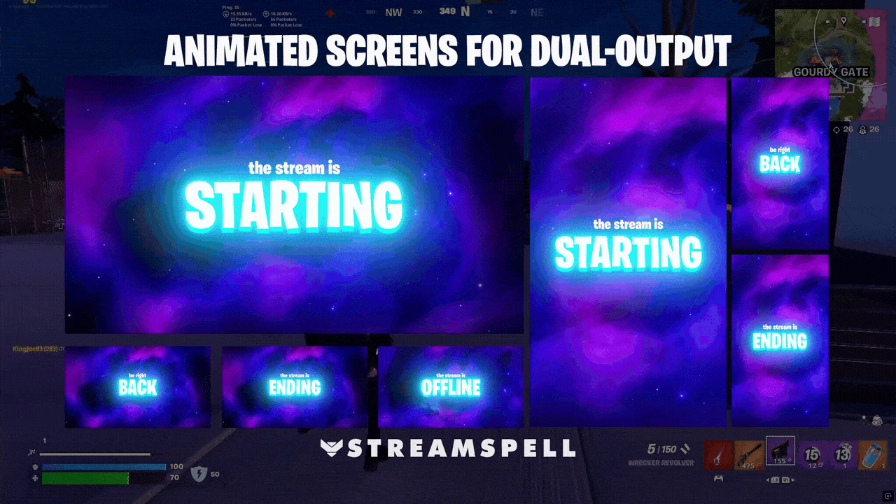 Fortnite dual output stream overlays with horizontal and vertical animated screens for Twitch and OBS.