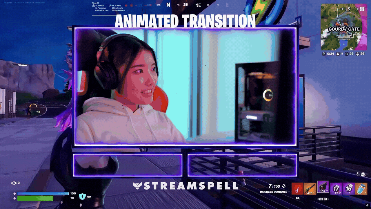Fortnite animated stinger transition overlay for Twitch, OBS and Streamlabs with dynamic battle effects.
