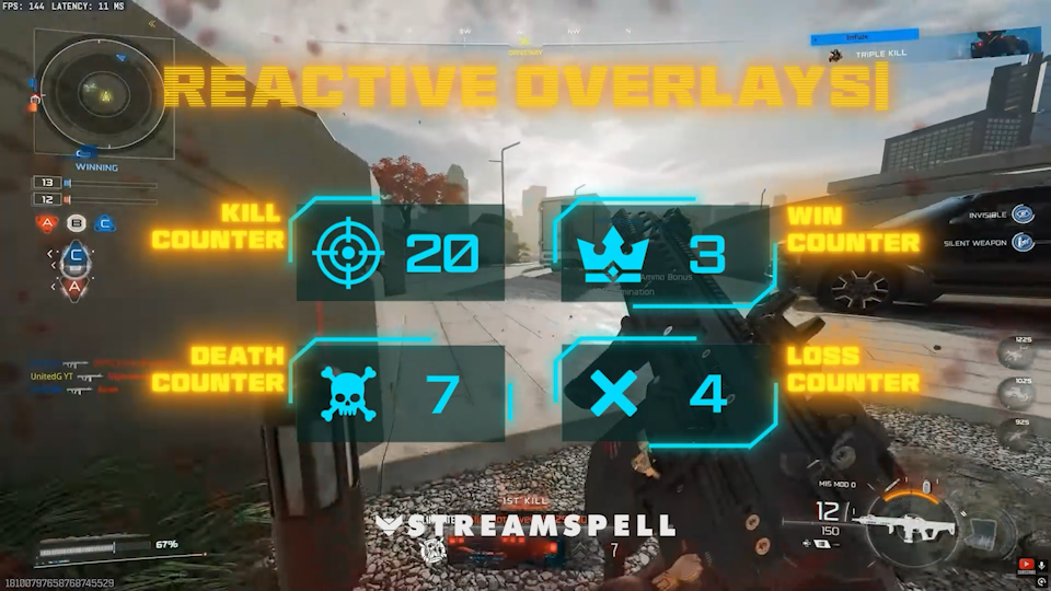 First-person shooter gameplay with futuristic neon HUD showing Kill, Death, Win, and Loss Counters. The overlay displays reactive numbers in real time, powered by Streamlabs AI. FPS HUD Reactive Overlays by StreamSpell for Twitch, YouTube, and Kick streams.