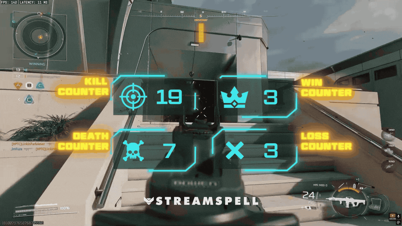 FPS gameplay scene with tactical neon interface showing real-time Kill, Death, Win, and Loss Counters. StreamSpell’s FPS HUD Reactive Overlays for Streamlabs Desktop, perfect for tactical FPS streamers on Twitch, YouTube, and Trovo.