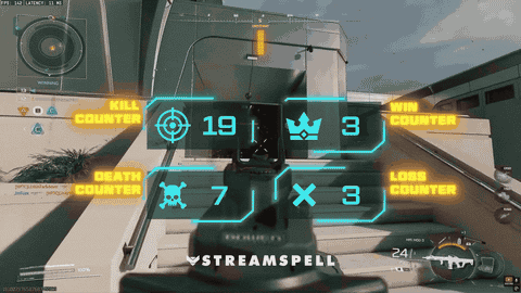 FPS gameplay scene with tactical neon interface showing real-time Kill, Death, Win, and Loss Counters. StreamSpell’s FPS HUD Reactive Overlays for Streamlabs Desktop, perfect for tactical FPS streamers on Twitch, YouTube, and Trovo.