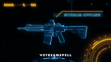 Load image into Gallery viewer, Animated stream starting screen with holographic rifle and glowing HUD graphics. FPS HUD Stream Package by StreamSpell, inspired by Call of Duty and Battlefield aesthetics.