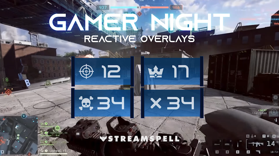 Futuristic FPS gameplay with blue neon HUD displaying Kill, Death, Win, and Loss Counters in real time. Gamer Night Reactive Overlays by StreamSpell for Streamlabs, perfect for Twitch, YouTube, and cozy gamer streams.