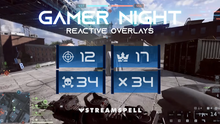 Load image into Gallery viewer, Futuristic FPS gameplay with blue neon HUD displaying Kill, Death, Win, and Loss Counters in real time. Gamer Night Reactive Overlays by StreamSpell for Streamlabs, perfect for Twitch, YouTube, and cozy gamer streams.