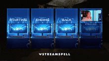 Load image into Gallery viewer, Vertical screen preview from the Gamer Night Stream Package Plus Christmas Edition by StreamSpell — cozy neon gamer bedroom layout with glowing blue accents and festive holiday lights. Ideal for Twitch, YouTube, and Kick vertical streams using OBS Studio, Streamlabs, or StreamElements.