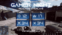 Load image into Gallery viewer, Animated preview of the Gamer Night Reactive Overlays by StreamSpell — sleek blue neon design showing real-time Kill, Death, Win, and Loss counters on a FPS gameplay background. Exclusive to Streamlabs Desktop. Perfect for Twitch, YouTube, and Kick streamers using OBS Studio, Streamlabs, or StreamElements.