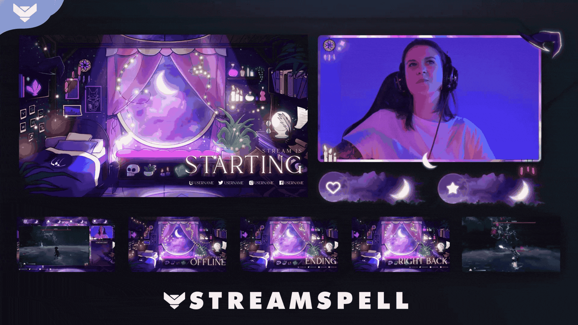 preview of Enchanted Night OBS Scene Collection by StreamSpell – animated overlays for starting soon, be right back, ending, intermission, webcam frame, stinger transition, and magical stream visuals for Twitch and YouTube