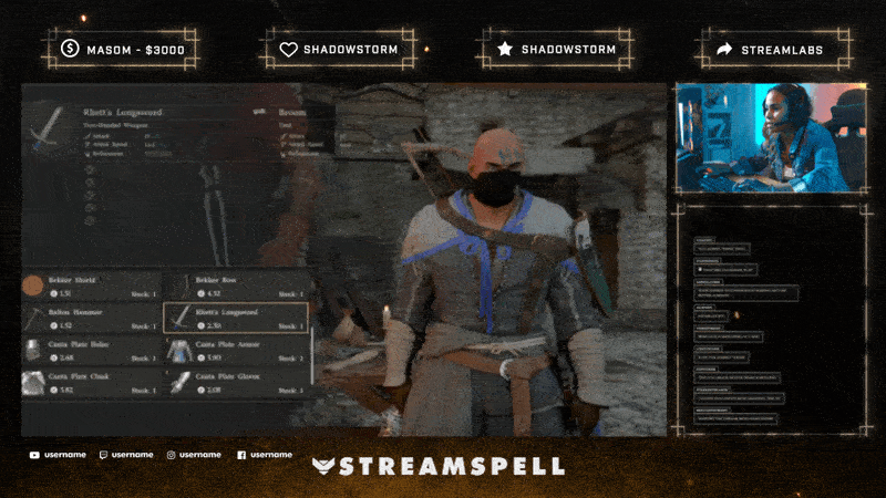 Dark fantasy stream overlay with gameplay, webcam frame, chat box, and event list in a cinematic medieval style from the Crimson Saga Stream Package for Twitch and OBS.