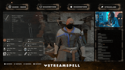 Dark fantasy stream overlay with gameplay, webcam frame, chat box, and event list in a cinematic medieval style from the Crimson Saga Stream Package for Twitch and OBS.