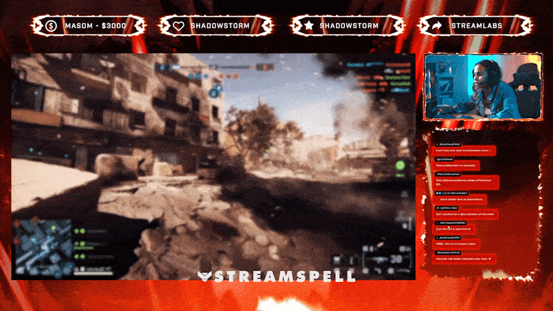 Dynamic intermission layout with webcam frame, chat box, and event list in red glitch Phonk style — Rage Phonk Stream Package by StreamSpell.