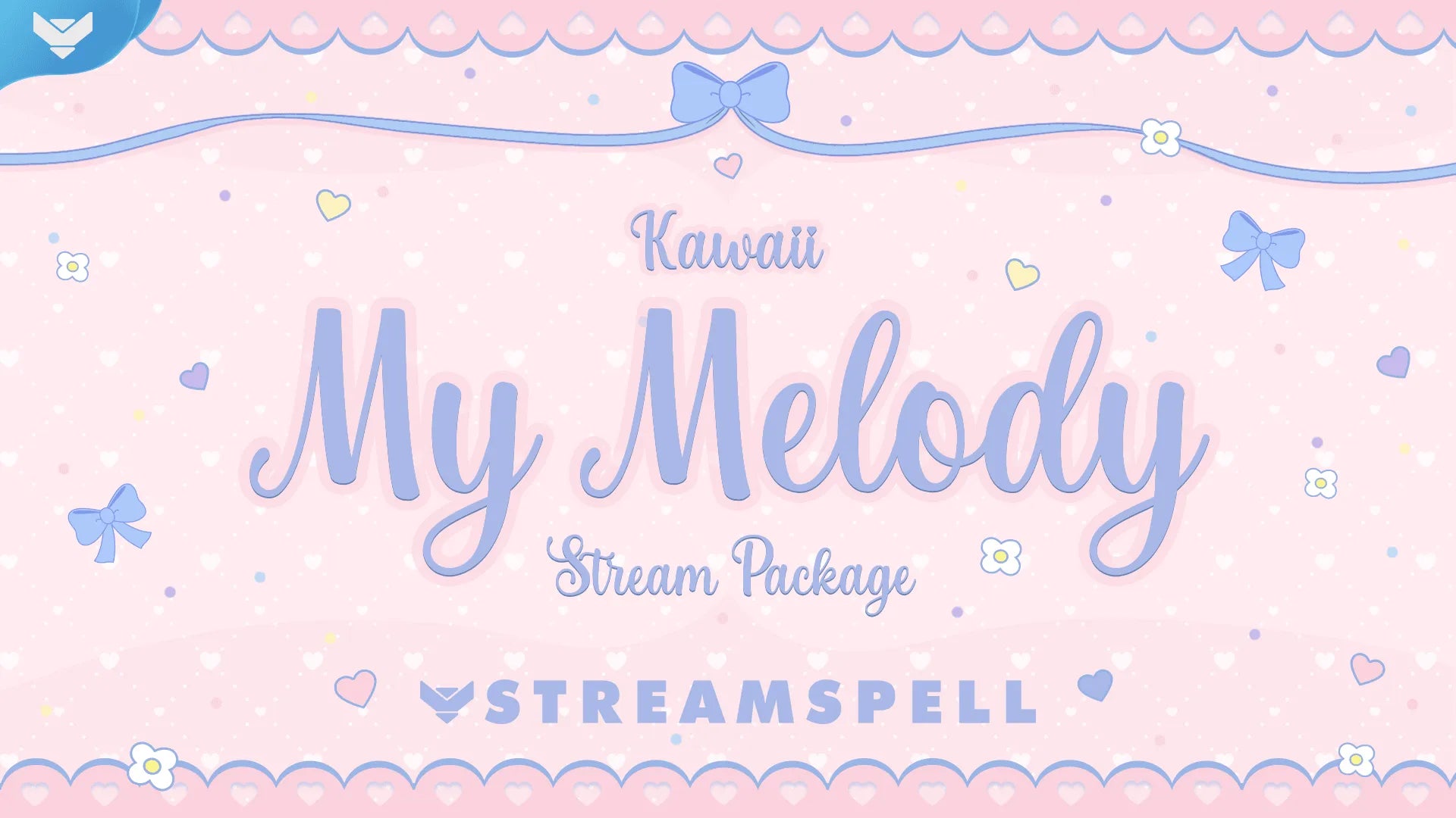 Kawaii bunny-themed stream overlay with pastel pink colors, hearts, flowers, and cute character design, promoting the animated stream package by StreamSpell for Twitch, YouTube, and Kick. Compatible with OBS and Streamlabs.