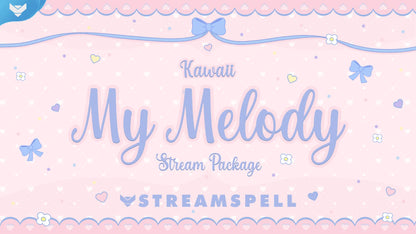 Kawaii bunny-themed stream overlay with pastel pink colors, hearts, flowers, and cute character design, promoting the animated stream package by StreamSpell for Twitch, YouTube, and Kick. Compatible with OBS and Streamlabs.