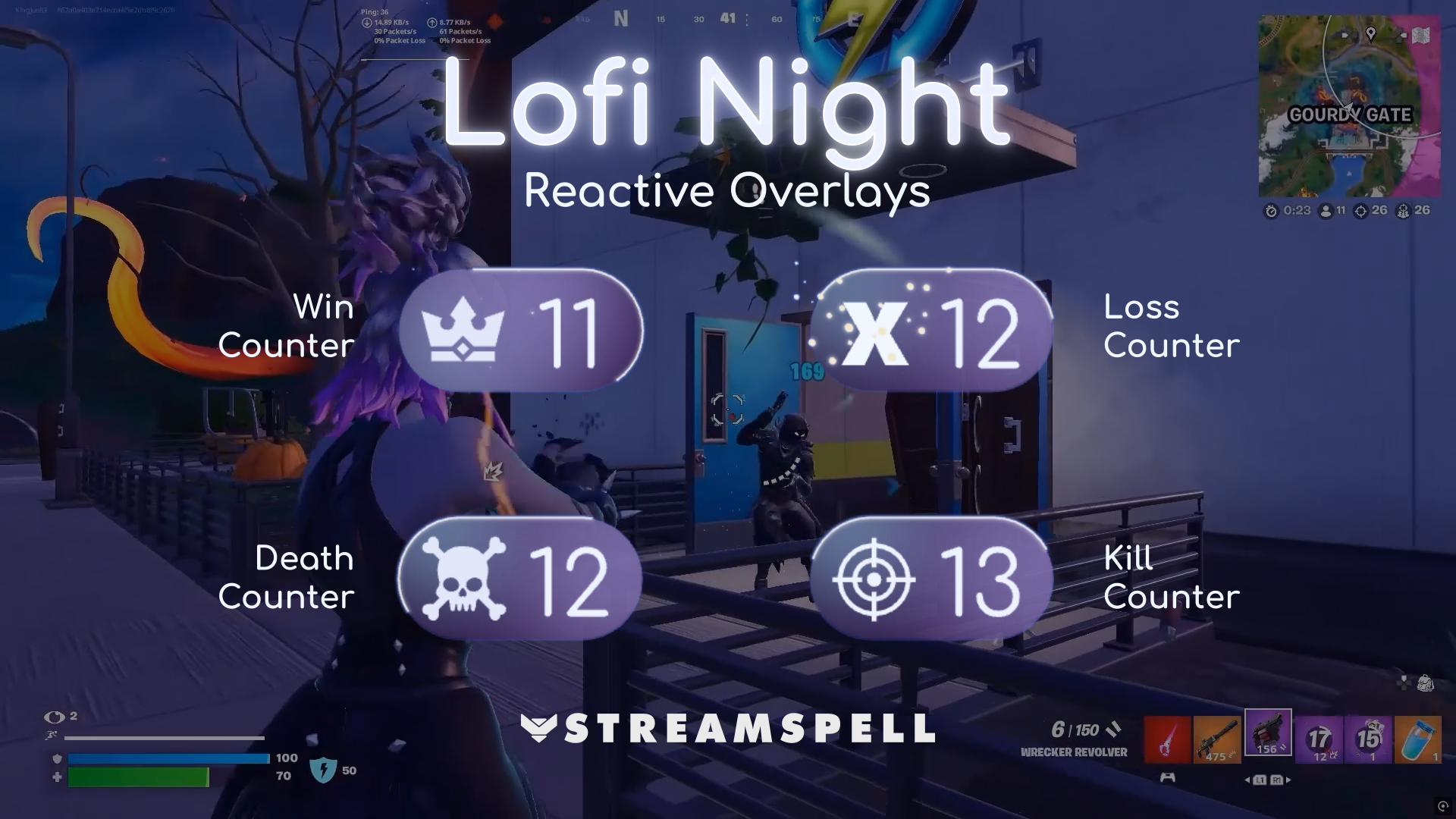 Close-up of Lofi Night reactive counters with smooth animations, displaying kill, death, win, and loss tracking during gameplay. Cozy lofi night-style reactive overlays by StreamSpell, running inside Streamlabs Desktop for live streams on Twitch and YouTube.