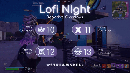 Lofi Night Reactive Overlays showing kill, death, win, and loss counters over a Fortnite gameplay scene at night, featuring a cozy lofi color palette with soft purple HUD elements. Reactive overlays by StreamSpell, designed for Streamlabs Desktop and compatible with Twitch, YouTube, Kick, and Facebook Gaming.