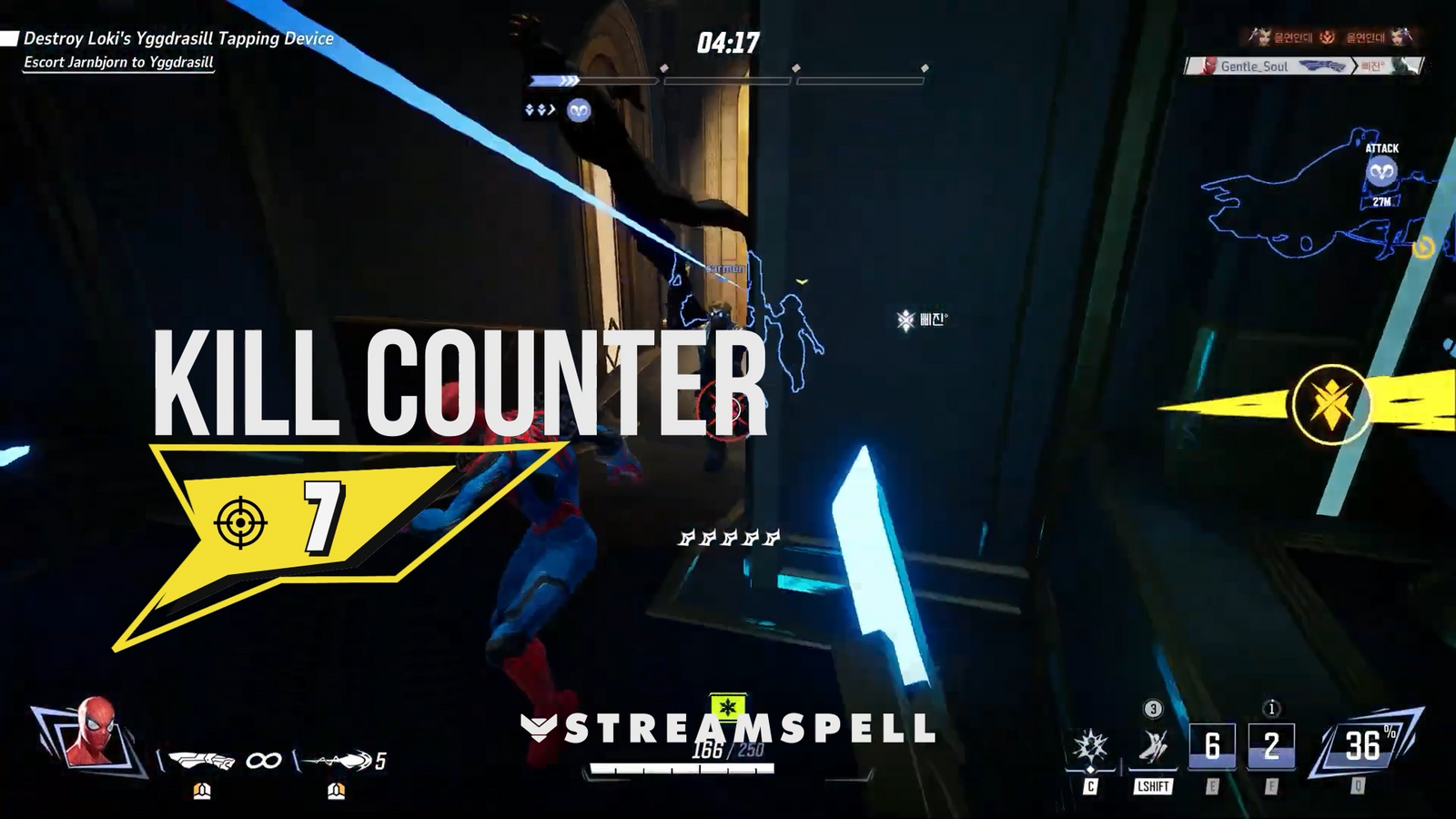 Close-up of a comic-inspired battle with “Kill Counter 7” yellow badge overlay. MARVELOOSE! Reactive Overlays by StreamSpell — Streamlabs reactive counters for kills and deaths.