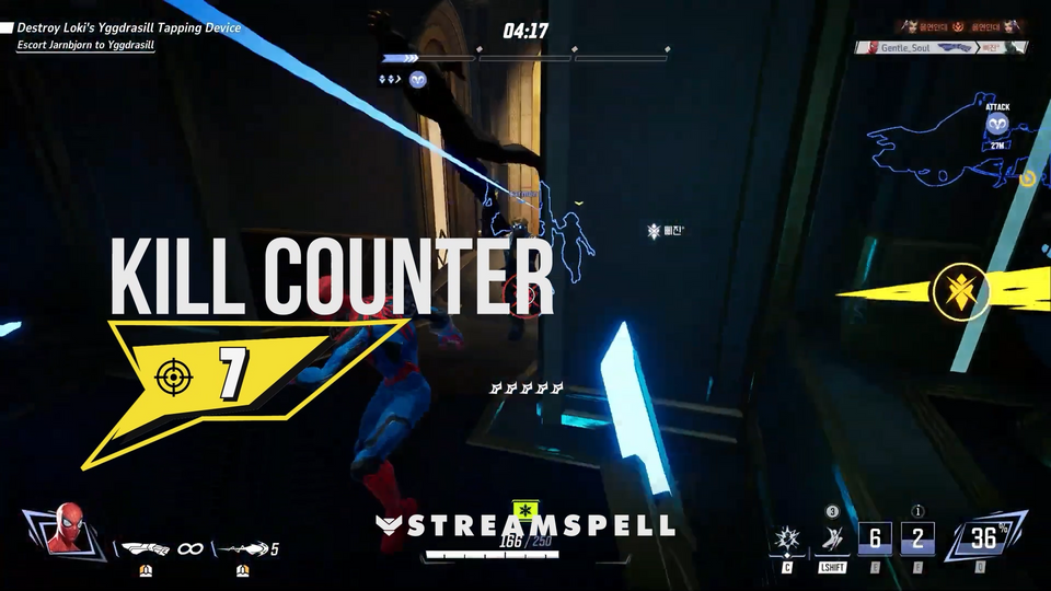 Close-up of a comic-inspired battle with “Kill Counter 7” yellow badge overlay. MARVELOOSE! Reactive Overlays by StreamSpell — Streamlabs reactive counters for kills and deaths.
