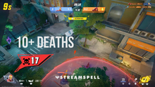 Load image into Gallery viewer, Comic-style game overlay showing a red skull icon and “10+ Deaths” counter during a battle scene. MARVELOOSE! Reactive Overlays by StreamSpell for Twitch and YouTube, featuring real-time Streamlabs death tracking.