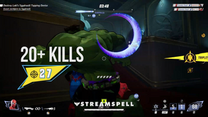 Epic superhero fight with a “20+ Kills” yellow reactive counter overlay. MARVELOOSE! Reactive Overlays by StreamSpell — real-time Streamlabs integration for Twitch and YouTube.