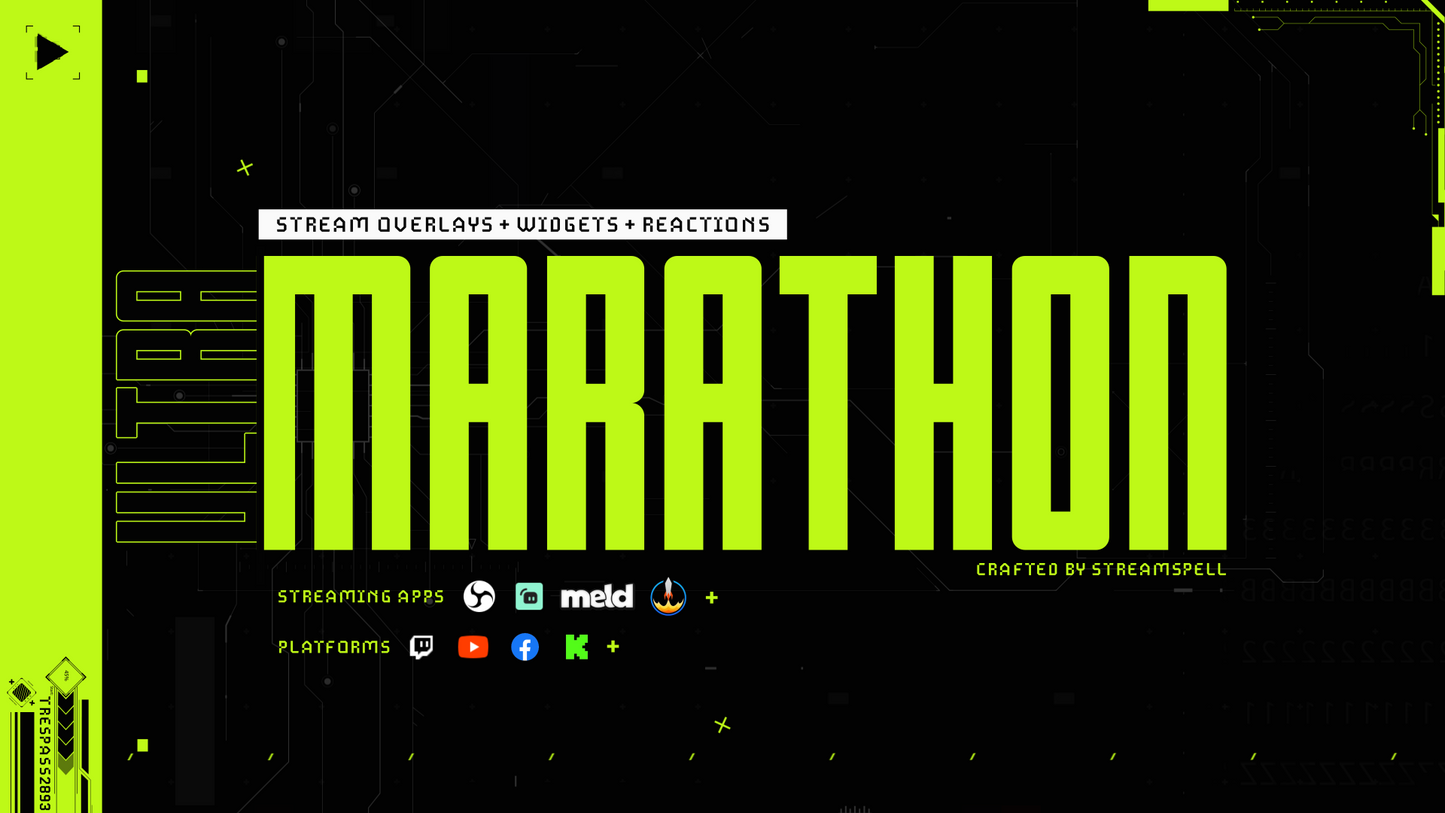 Marathon Stream Overlays and Widgets main stream overlay preview by StreamSpell, featuring sci-fi HUD stream design for Twitch, YouTube, and Kick creator setups.