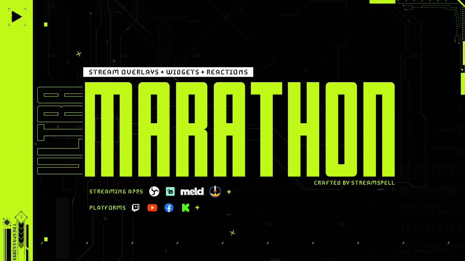 Marathon Stream Overlays and Widgets main stream overlay preview by StreamSpell, featuring sci-fi HUD stream design for Twitch, YouTube, and Kick creator setups.
