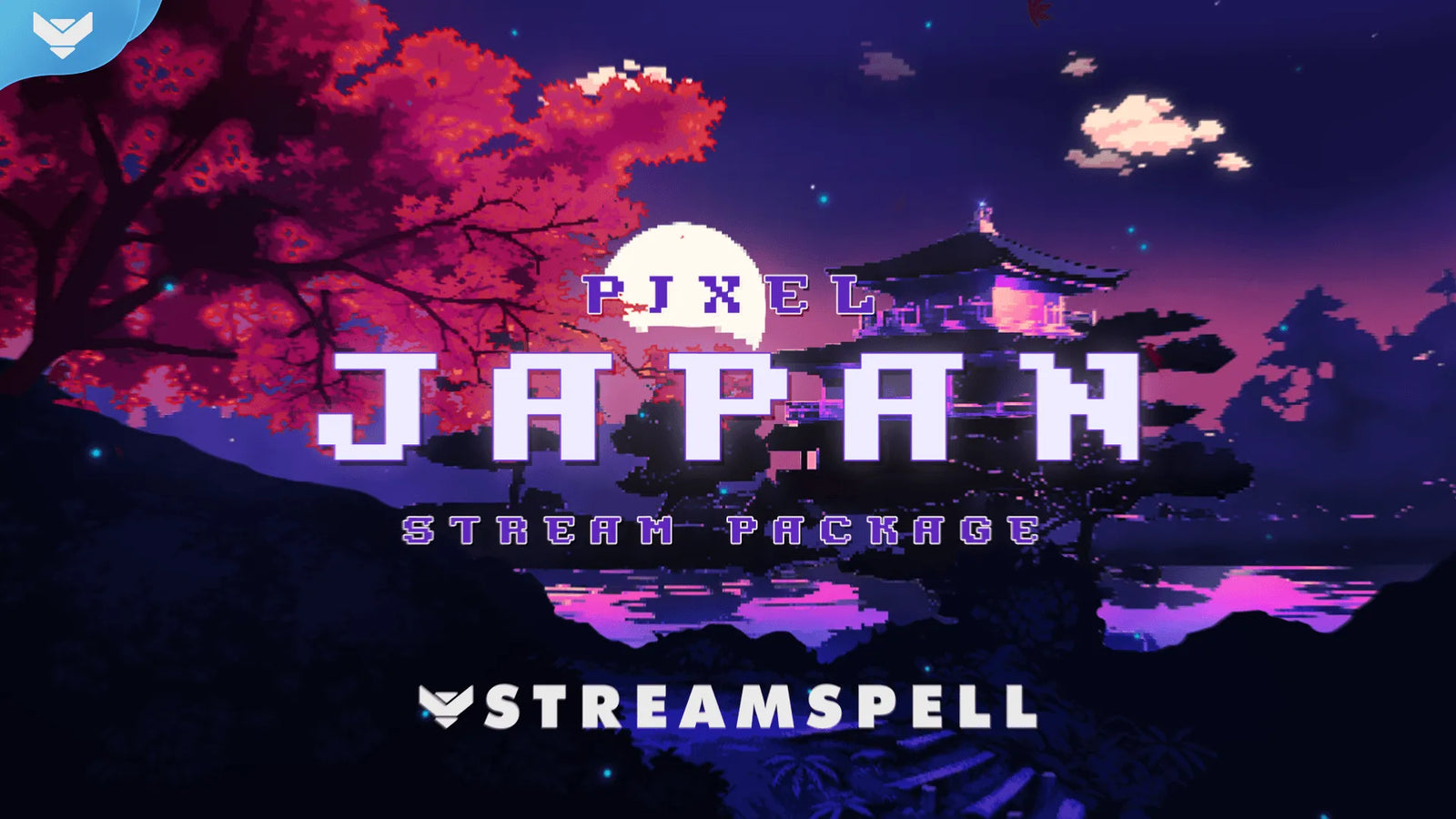 Pixel Japan Stream Package main stream overlay preview by StreamSpell, featuring pixel art Japanese style in purple, blue, and pink for Twitch, YouTube, and Kick stream setups.
