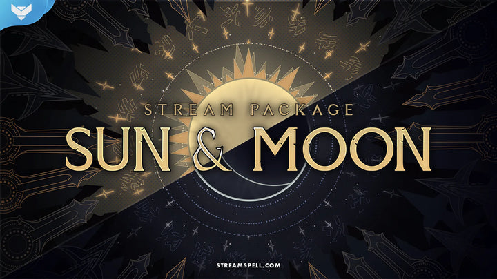 Sun and Moon Stream Package main stream overlay preview by StreamSpell, featuring solar and lunar stream overlays in gold and dark blue for Twitch, YouTube, and Kick stream setups.