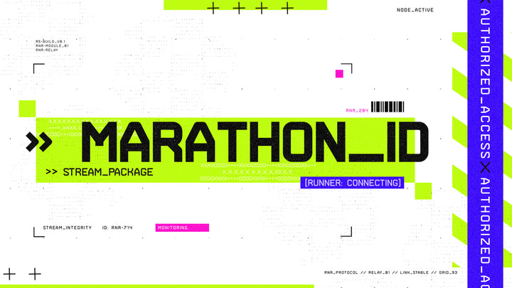 Futuristic sci-fi interface with neon green HUD elements and digital panels promoting the Marathon_ID Stream Package by StreamSpell for Twitch, YouTube, and OBS. Includes animated overlays, alerts, and widgets.