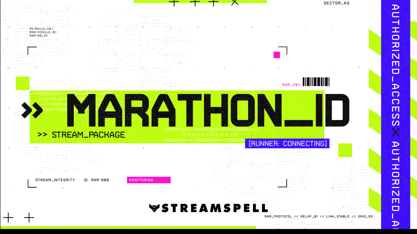 Futuristic HUD elements and neon UI overlays representing the Marathon_ID sci-fi stream overlay package by StreamSpell.