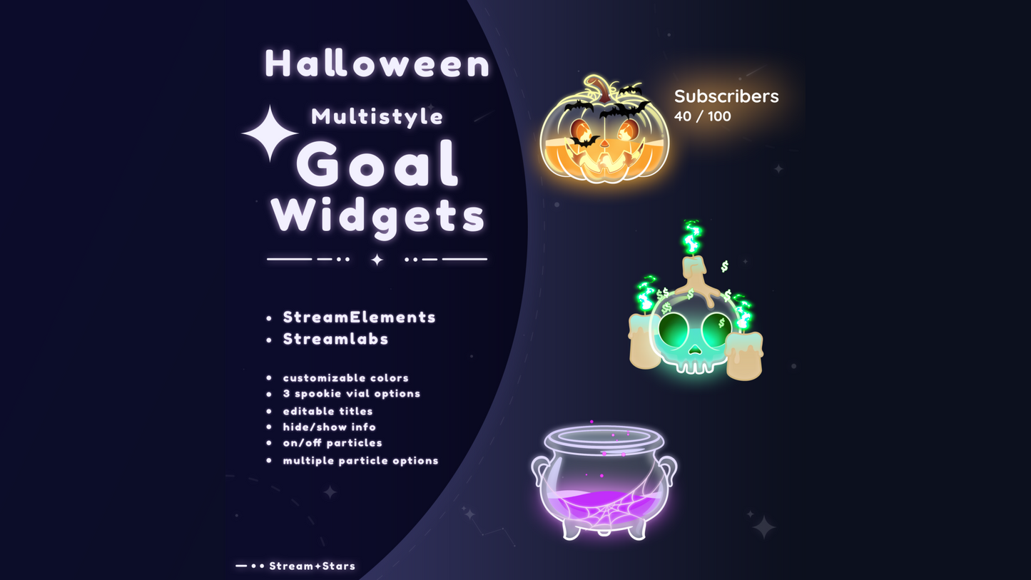 Glowing Halloween-themed goal widgets featuring pumpkin, skull, and cauldron vials with animated liquid effects. Promotes the MultiStyle Liquid Halloween Goal Widget by Stream+Stars for Twitch and YouTube. Fully compatible with OBS Studio, Streamlabs, and StreamElements. Includes customizable colors, particles, and glow effects.